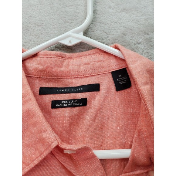 Perry Ellis Shirt Mens XL Orange Linen Short Casual Sleeve Collared‎ Button Down - Picture 7 of 9